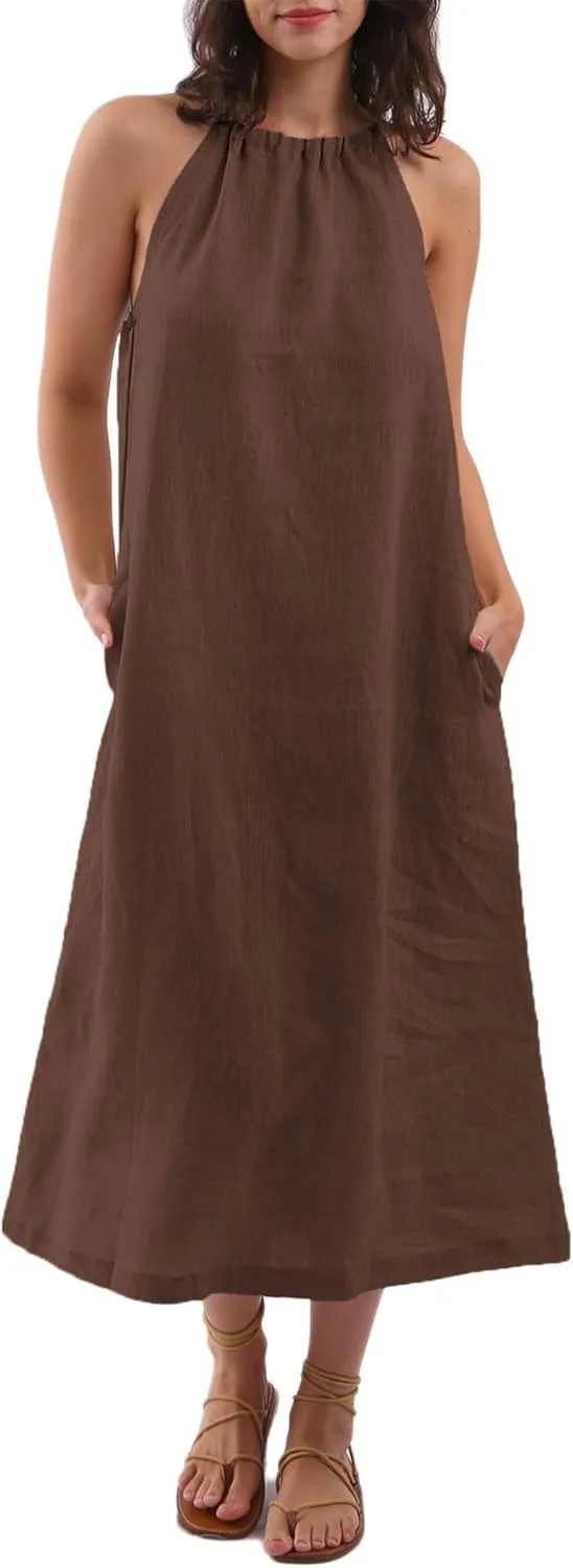 Amazhiyu Womens Linen Halter Sleeveless Maxi Dress Tie Back with Belt and Pockets