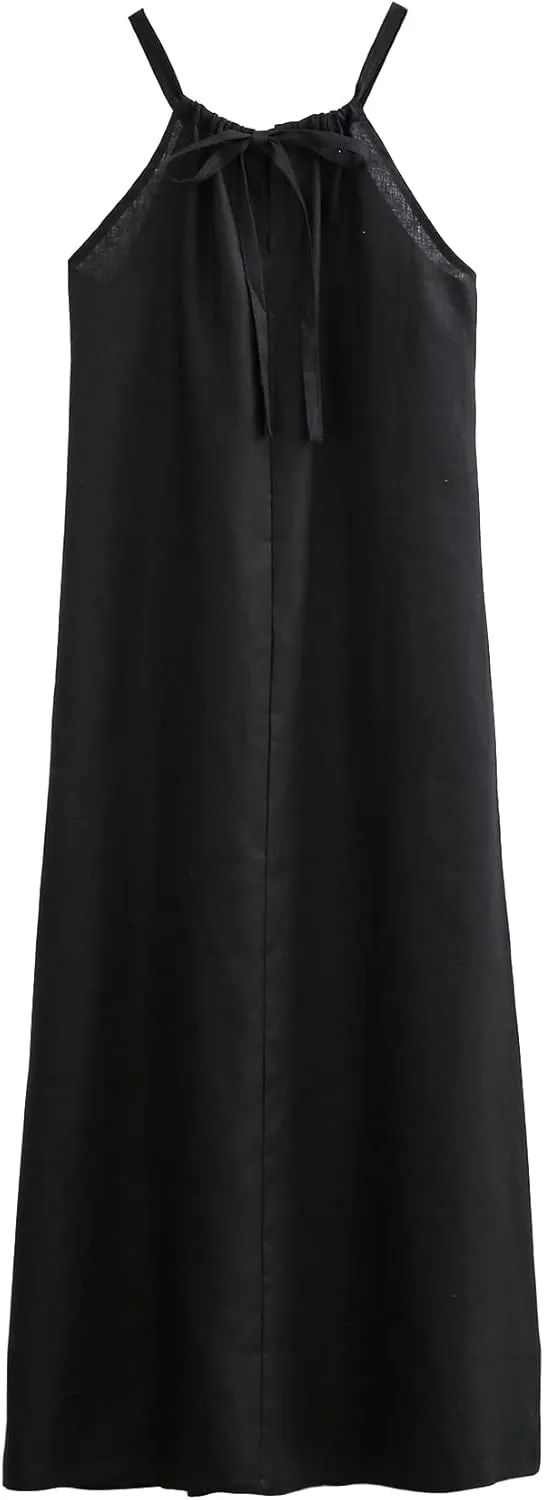 Amazhiyu Womens Linen Halter Sleeveless Maxi Dress Tie Back with Belt and Pockets