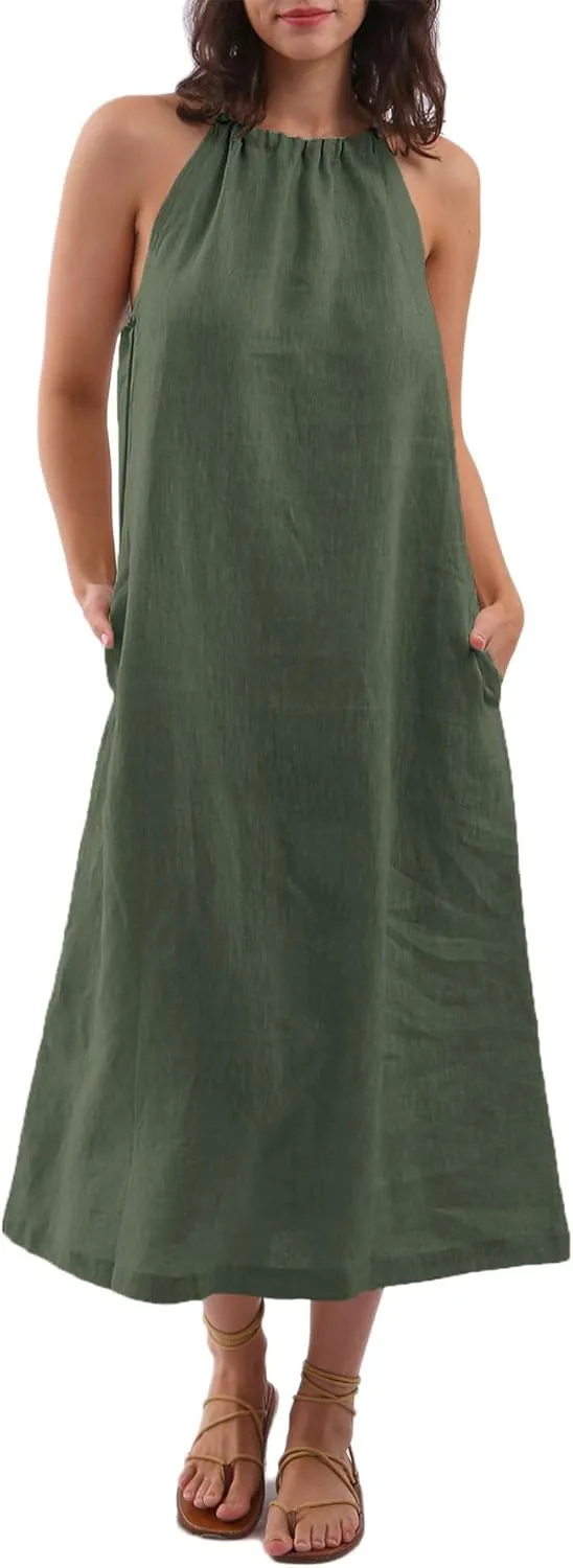 Amazhiyu Womens Linen Halter Sleeveless Maxi Dress Tie Back with Belt and Pockets