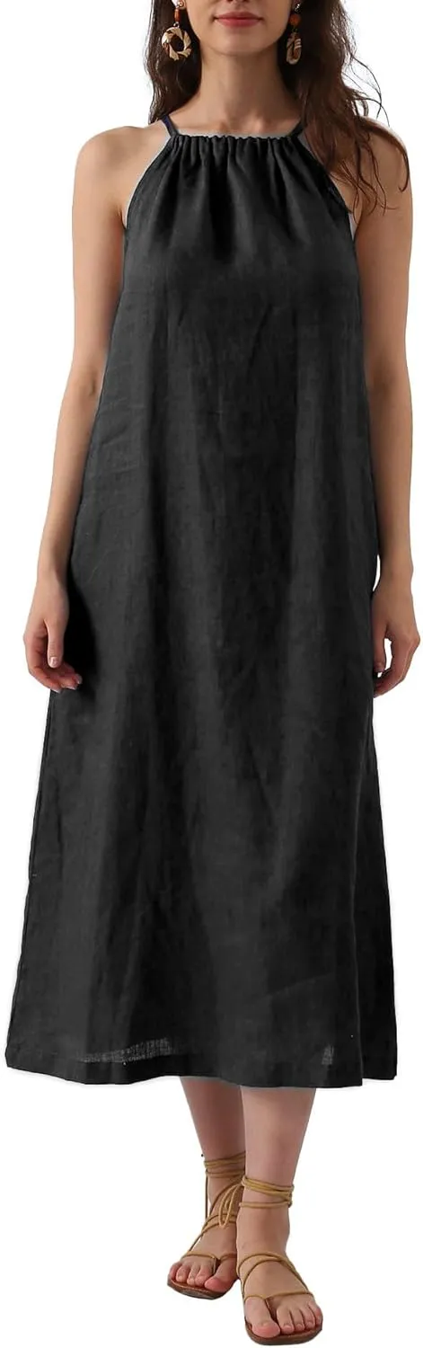 Amazhiyu Womens Linen Halter Sleeveless Maxi Dress Tie Back with Belt and Pockets