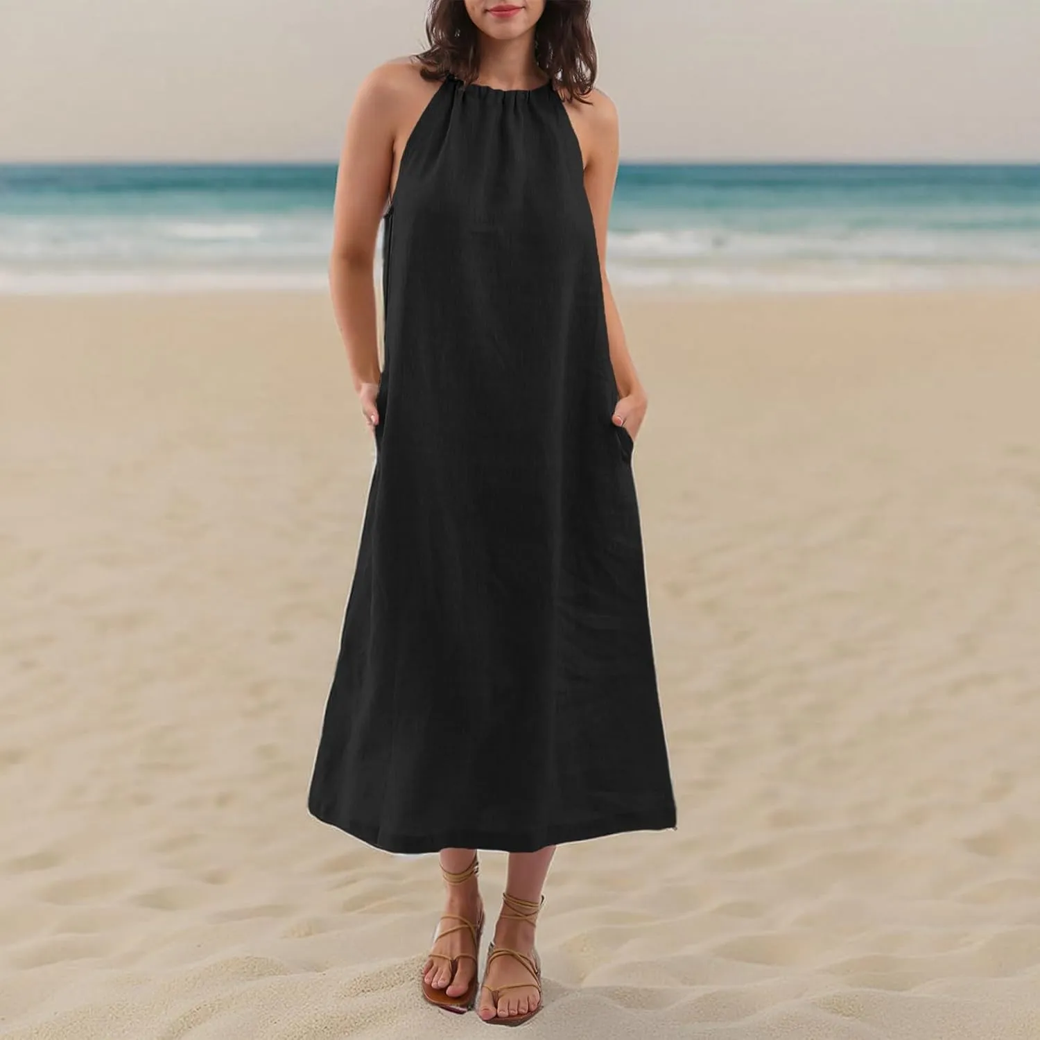 Amazhiyu Womens Linen Halter Sleeveless Maxi Dress Tie Back with Belt and Pockets