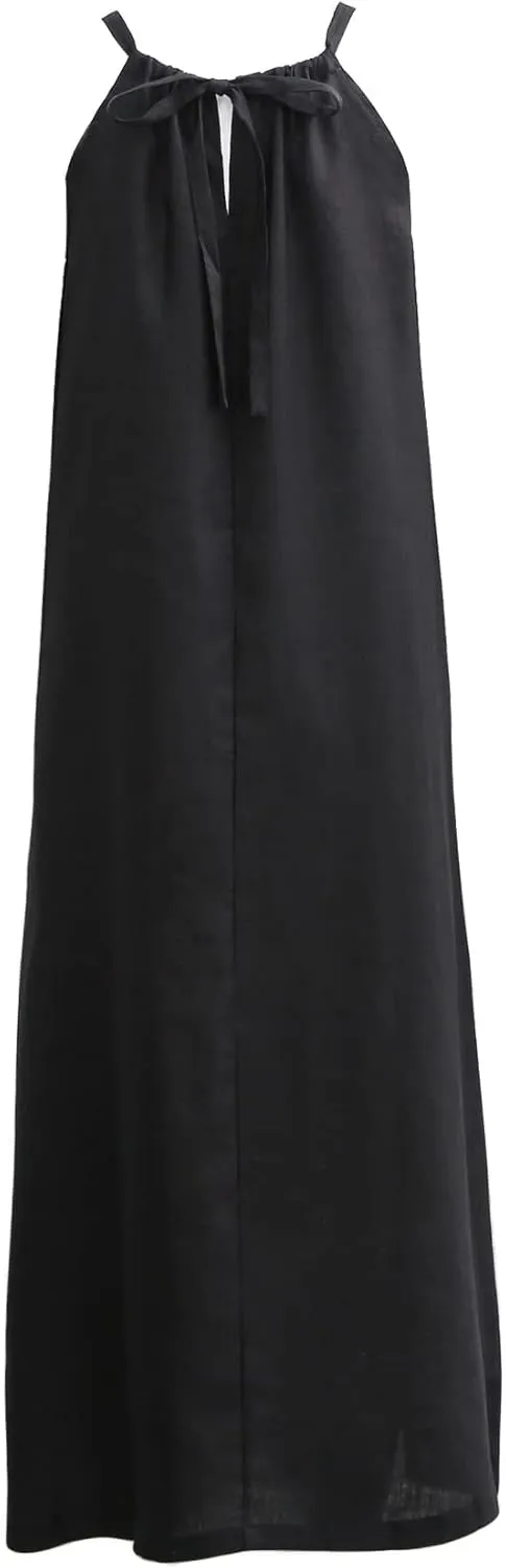 Amazhiyu Womens Linen Halter Sleeveless Maxi Dress Tie Back with Belt and Pockets