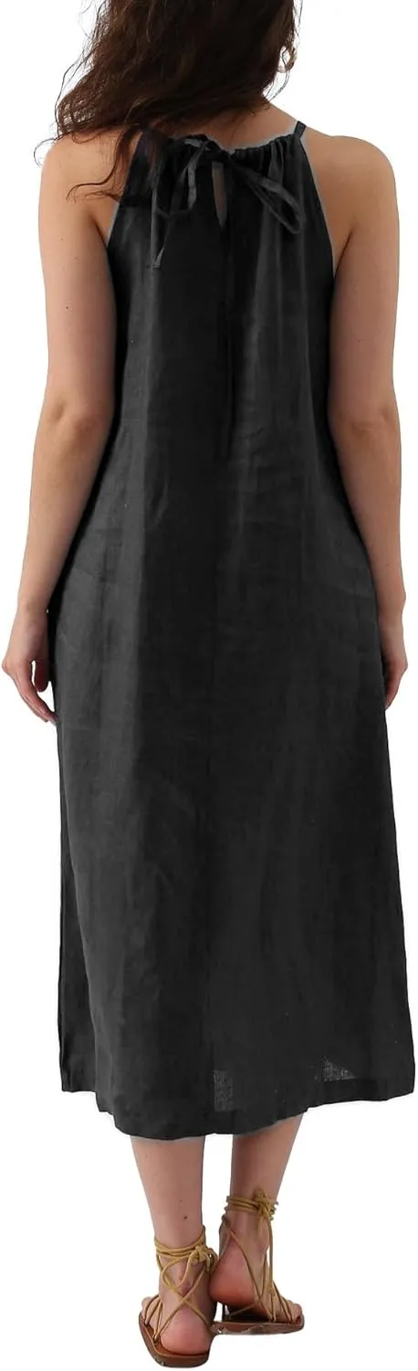 Amazhiyu Womens Linen Halter Sleeveless Maxi Dress Tie Back with Belt and Pockets