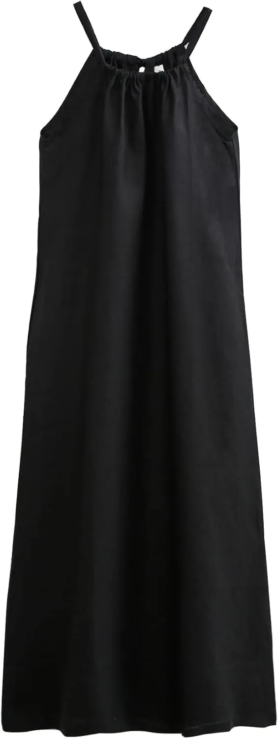Amazhiyu Womens Linen Halter Sleeveless Maxi Dress Tie Back with Belt and Pockets