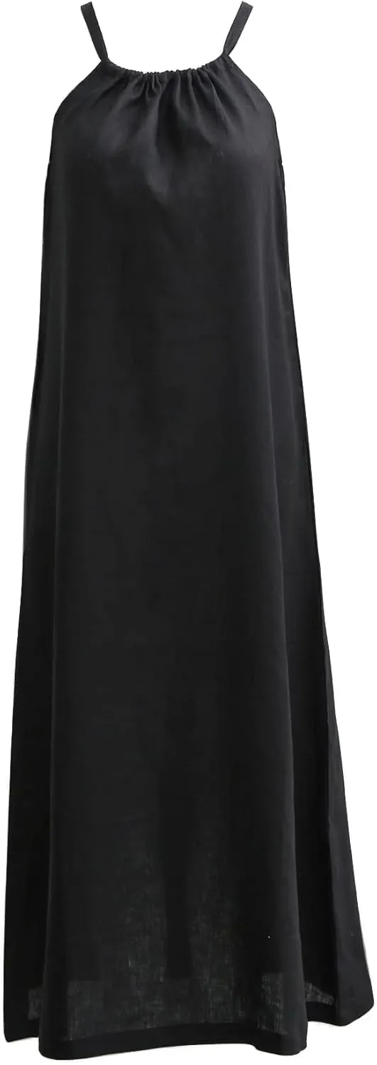 Amazhiyu Womens Linen Halter Sleeveless Maxi Dress Tie Back with Belt and Pockets