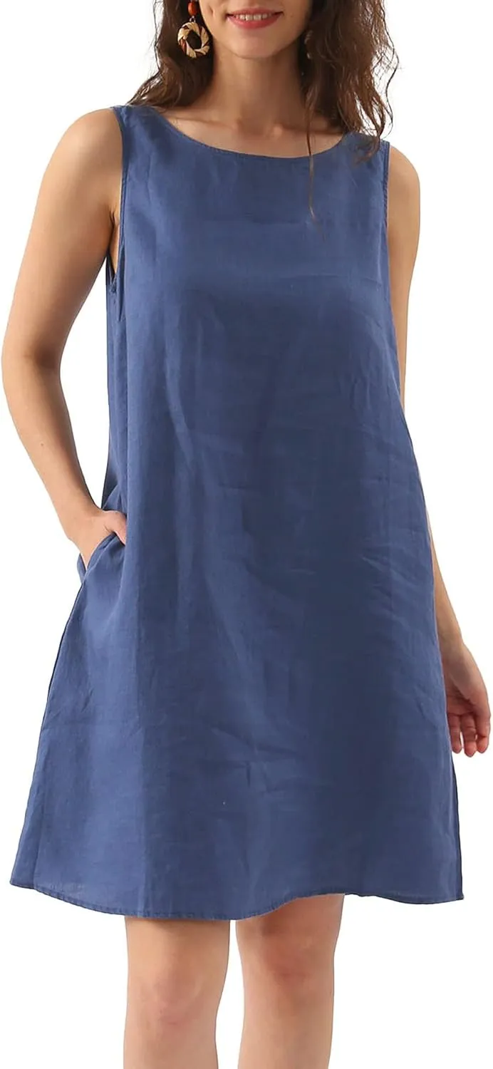Amazhiyu Women's Linen Sleeveless Shift Dress with Pockets Crew Neck Casual Tank Dress