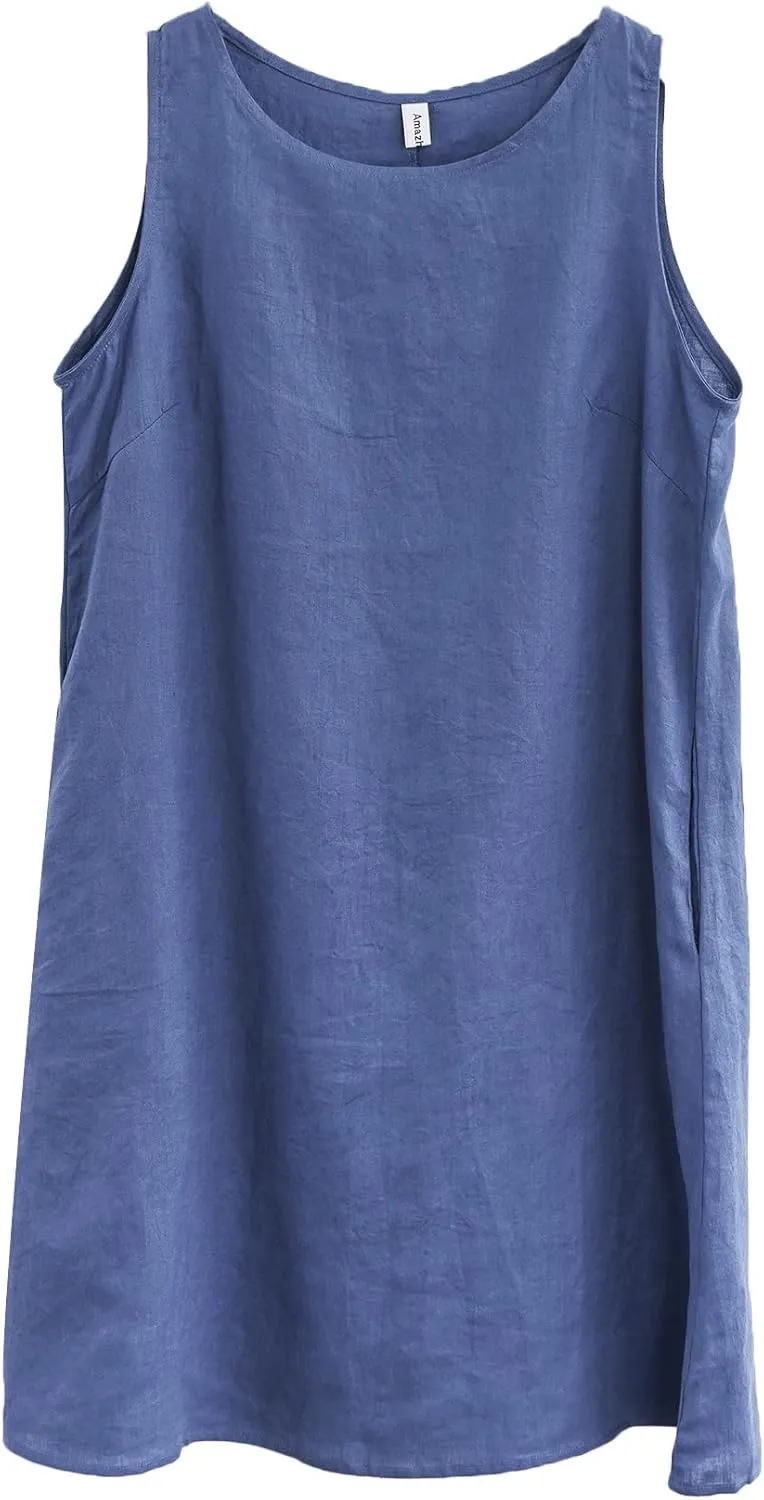 Amazhiyu Women's Linen Sleeveless Shift Dress with Pockets Crew Neck Casual Tank Dress