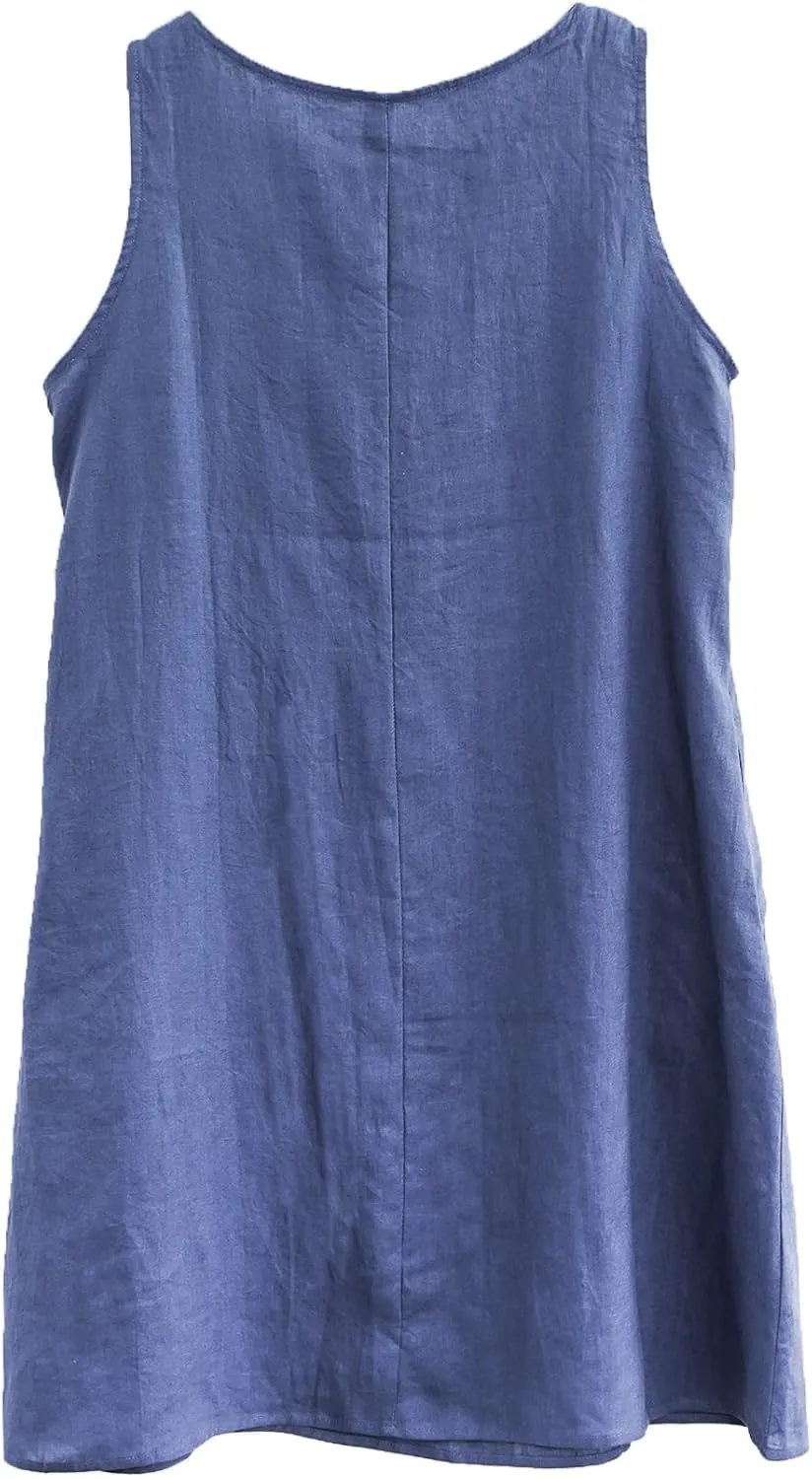 Amazhiyu Women's Linen Sleeveless Shift Dress with Pockets Crew Neck Casual Tank Dress