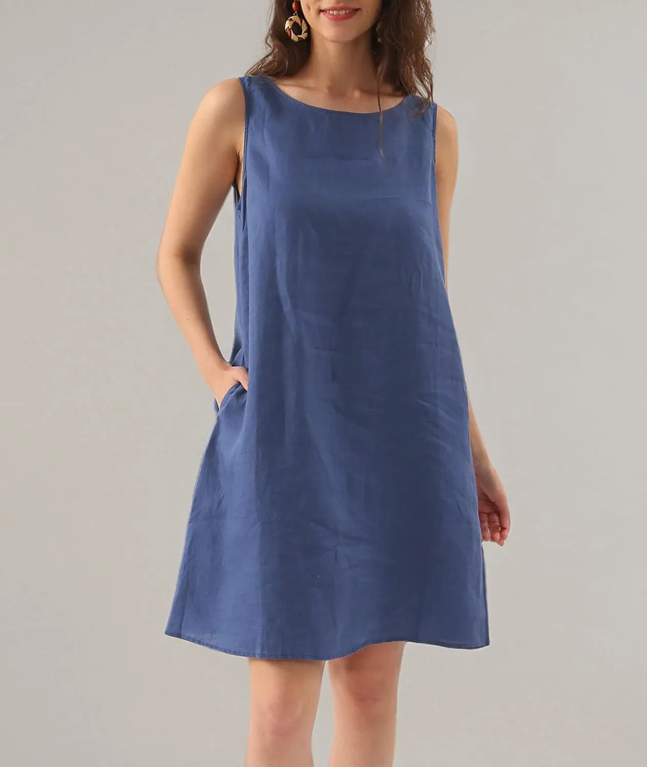 Amazhiyu Women's Linen Sleeveless Shift Dress with Pockets Crew Neck Casual Tank Dress