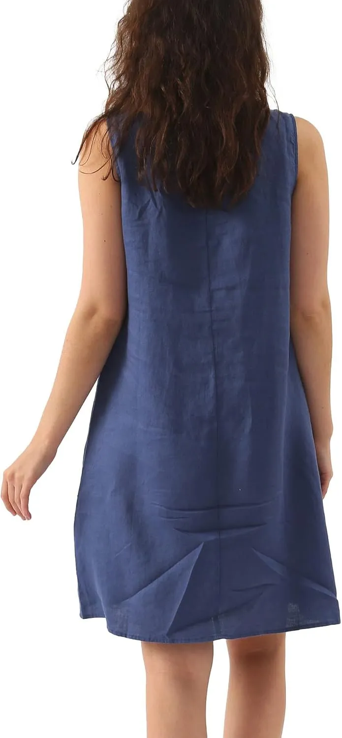 Amazhiyu Women's Linen Sleeveless Shift Dress with Pockets Crew Neck Casual Tank Dress