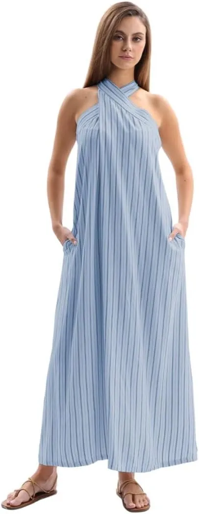 Amazhiyu Women's Linen Striped Halter Sleeveless Maxi Dresses Summer with Pockets Blue, Medium