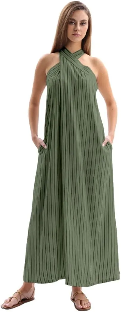 Amazhiyu Women's Linen Striped Halter Sleeveless Maxi Dresses Summer with Pockets Green, Large