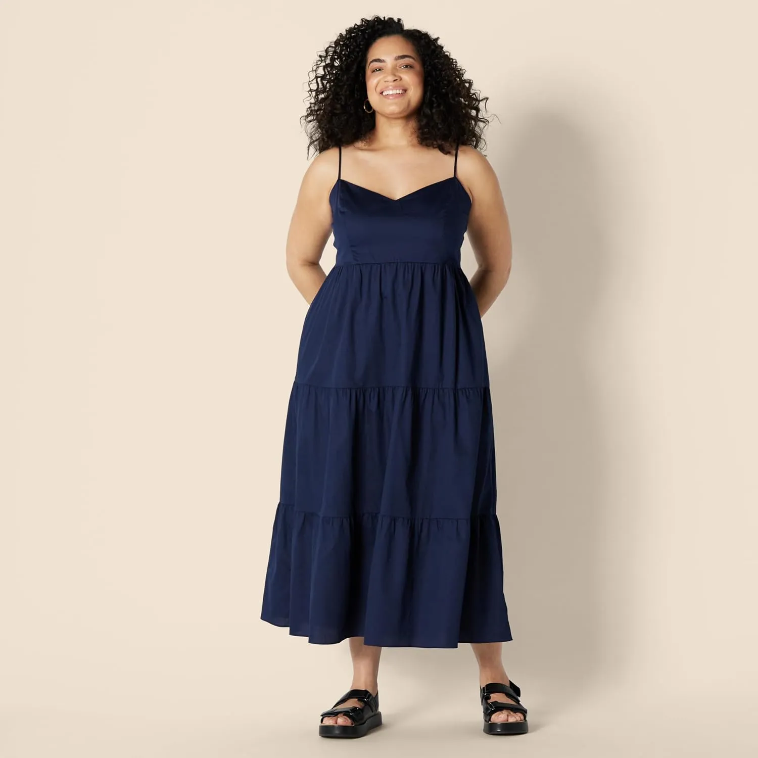 Amazon Essentials Women's Fit and Flare Empire Waisted Cotton Sateen Tiered Maxi Dress