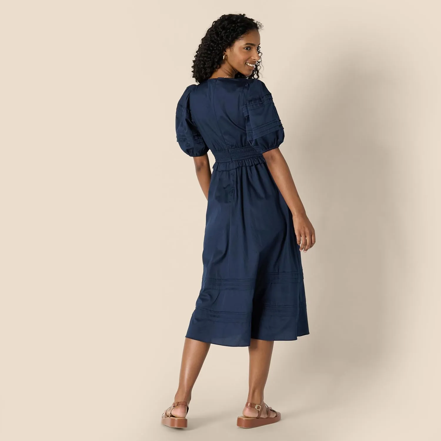 Amazon Essentials Women's Regular-Fit Cotton Sateen Puff Sleeve Midi Dress