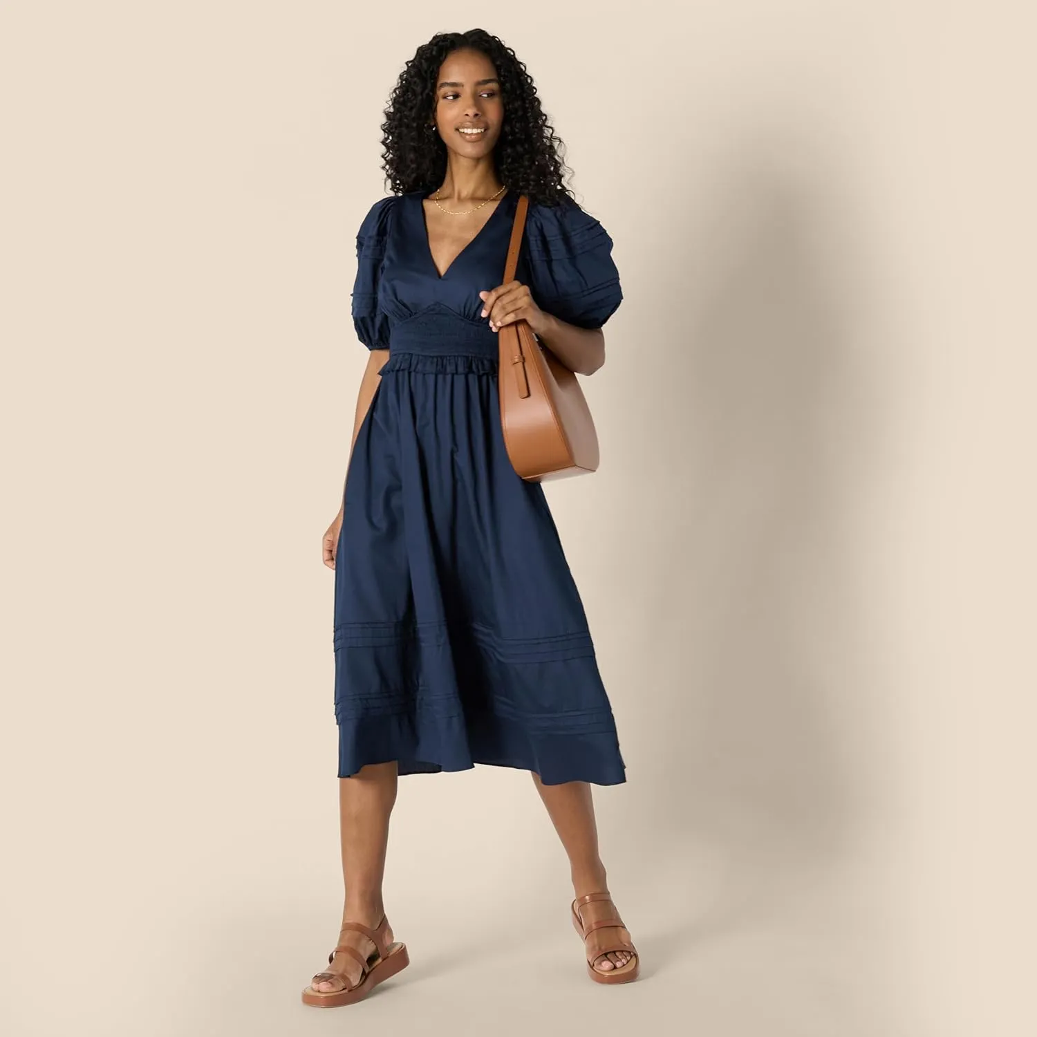 Amazon Essentials Women's Regular-Fit Cotton Sateen Puff Sleeve Midi Dress