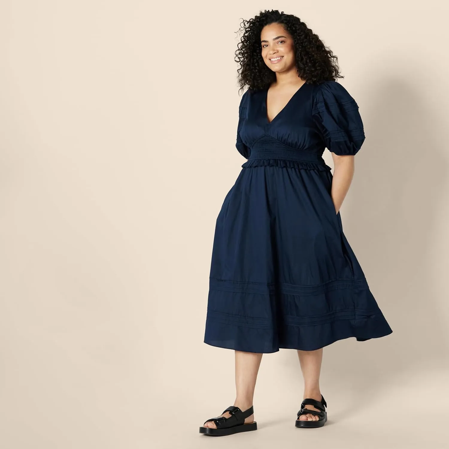 Amazon Essentials Women's Regular-Fit Cotton Sateen Puff Sleeve Midi Dress