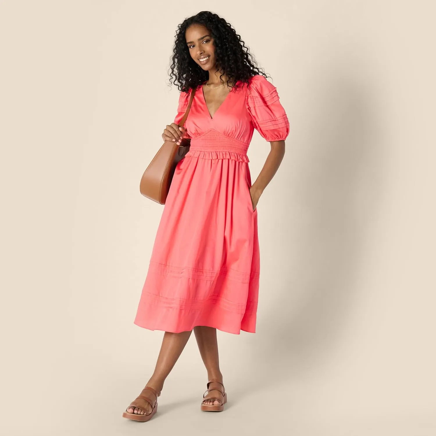 Amazon Essentials Women's Regular-Fit Cotton Sateen Puff Sleeve Midi Dress