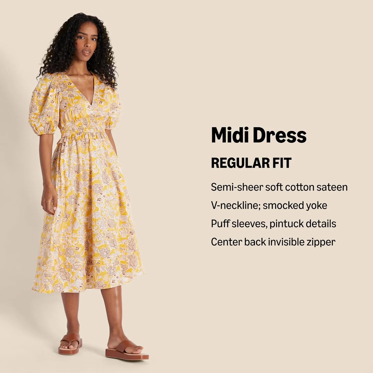 Amazon Essentials Women's Regular-Fit Cotton Sateen Puff Sleeve Midi Dress