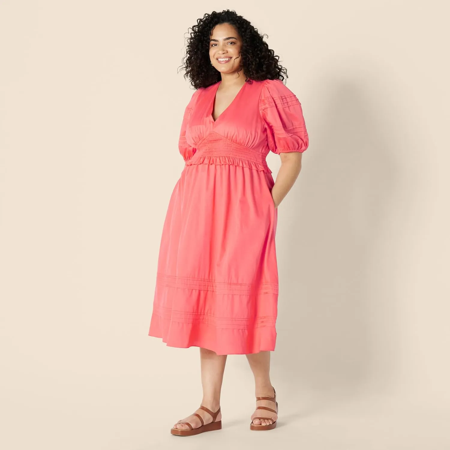 Amazon Essentials Women's Regular-Fit Cotton Sateen Puff Sleeve Midi Dress