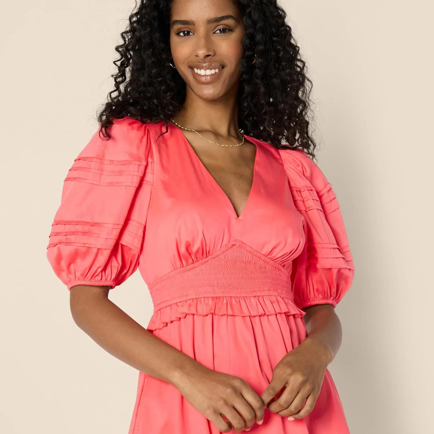 Amazon Essentials Women's Regular-Fit Cotton Sateen Puff Sleeve Midi Dress