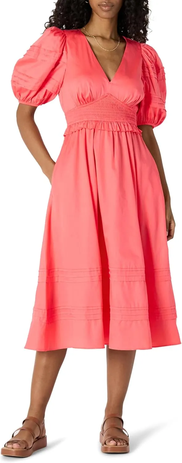 Amazon Essentials Women's Regular-Fit Cotton Sateen Puff Sleeve Midi Dress