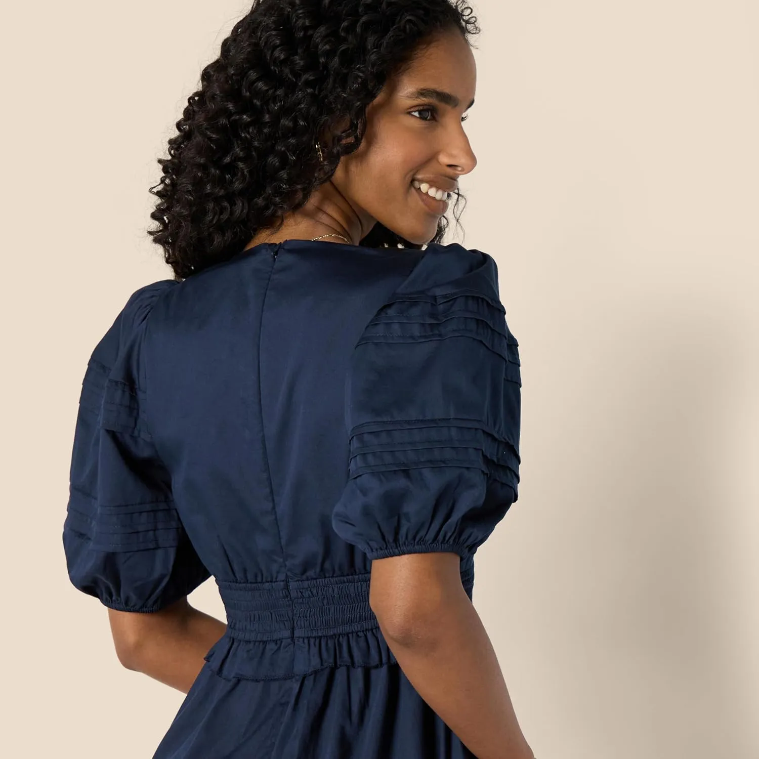 Amazon Essentials Women's Regular-Fit Cotton Sateen Puff Sleeve Midi Dress