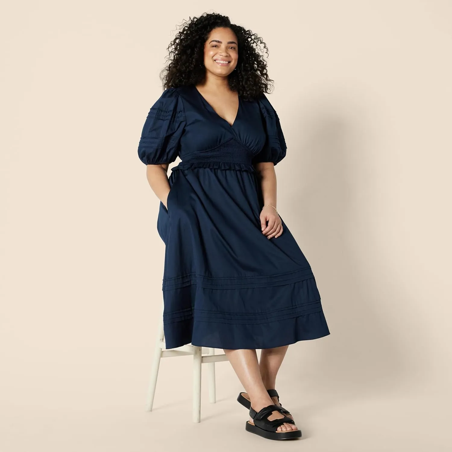 Amazon Essentials Women's Regular-Fit Cotton Sateen Puff Sleeve Midi Dress