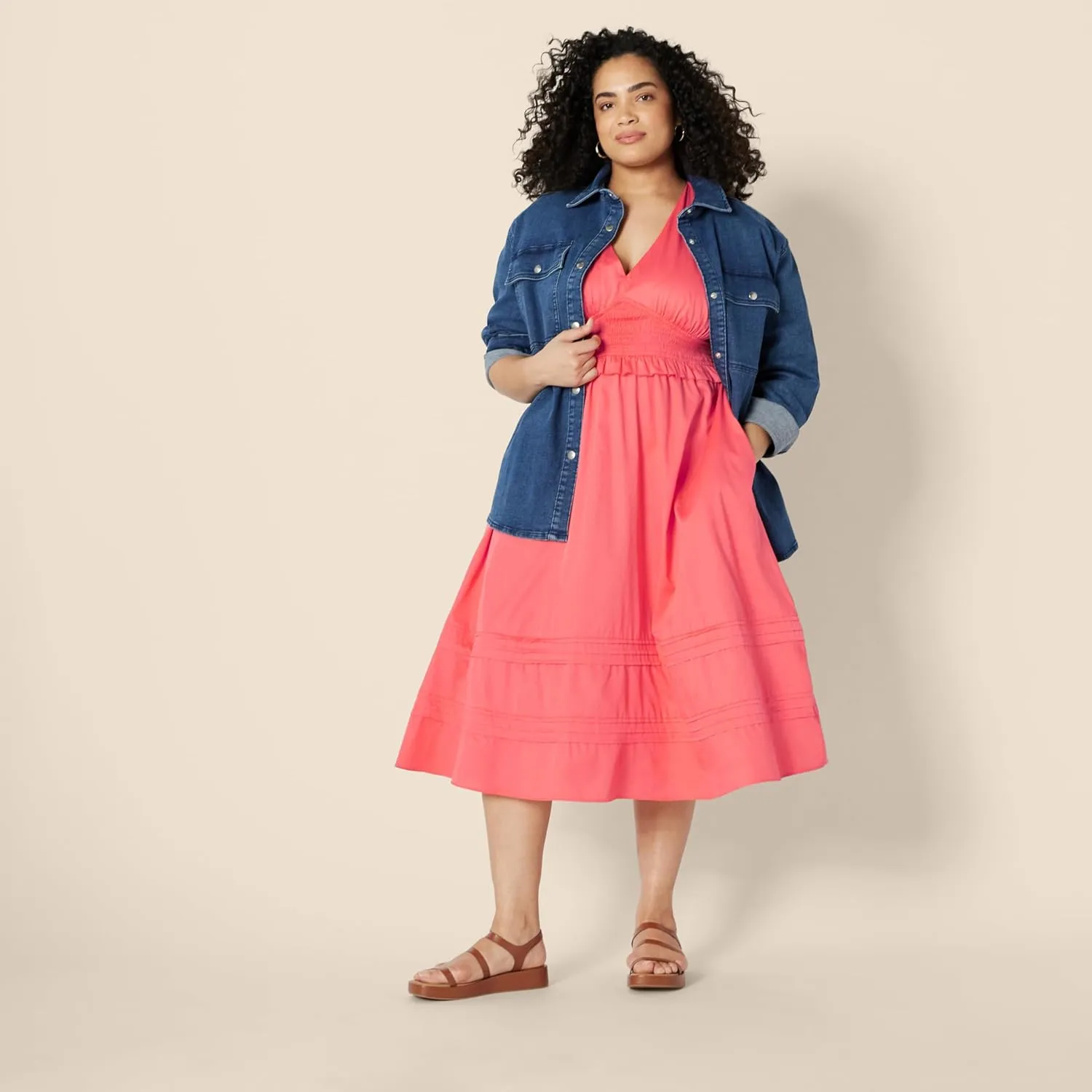 Amazon Essentials Women's Regular-Fit Cotton Sateen Puff Sleeve Midi Dress