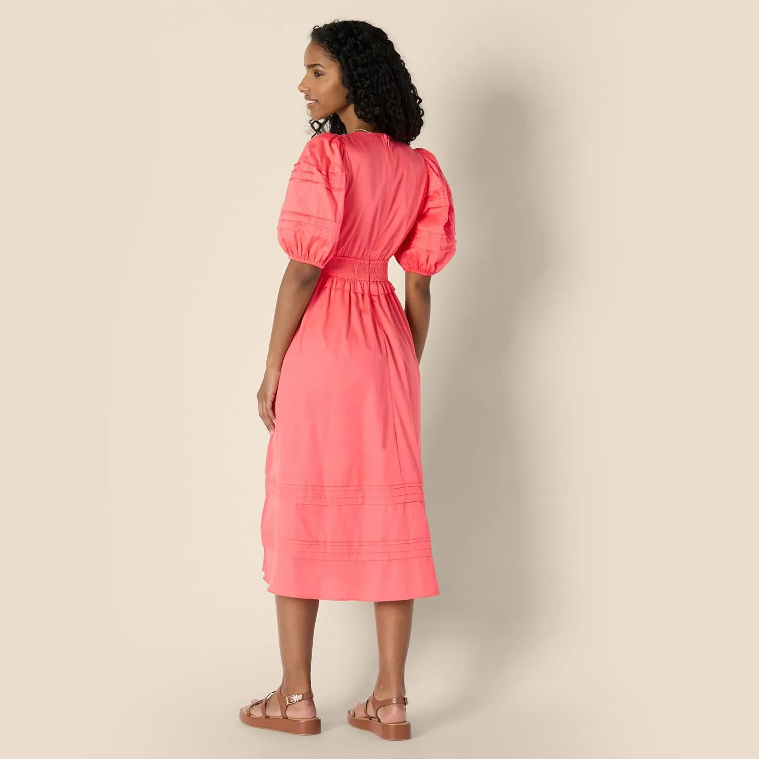 Amazon Essentials Women's Regular-Fit Cotton Sateen Puff Sleeve Midi Dress