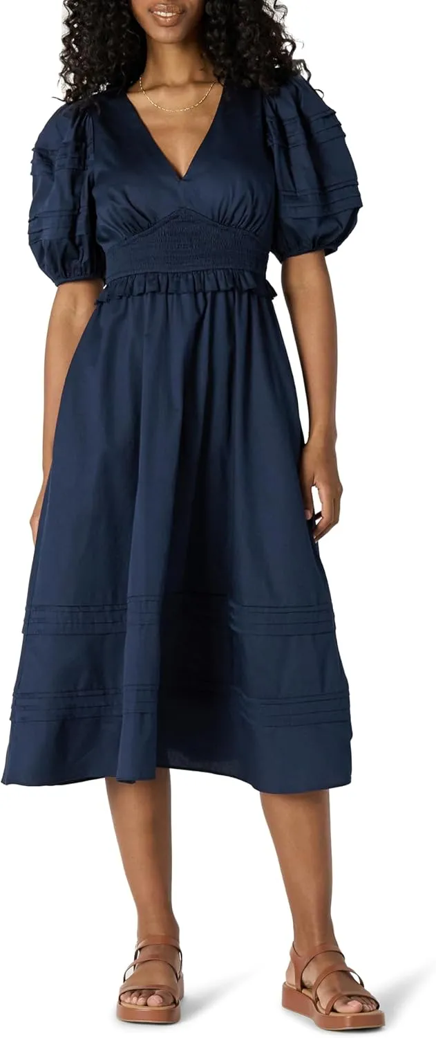 Amazon Essentials Women's Regular-Fit Cotton Sateen Puff Sleeve Midi Dress