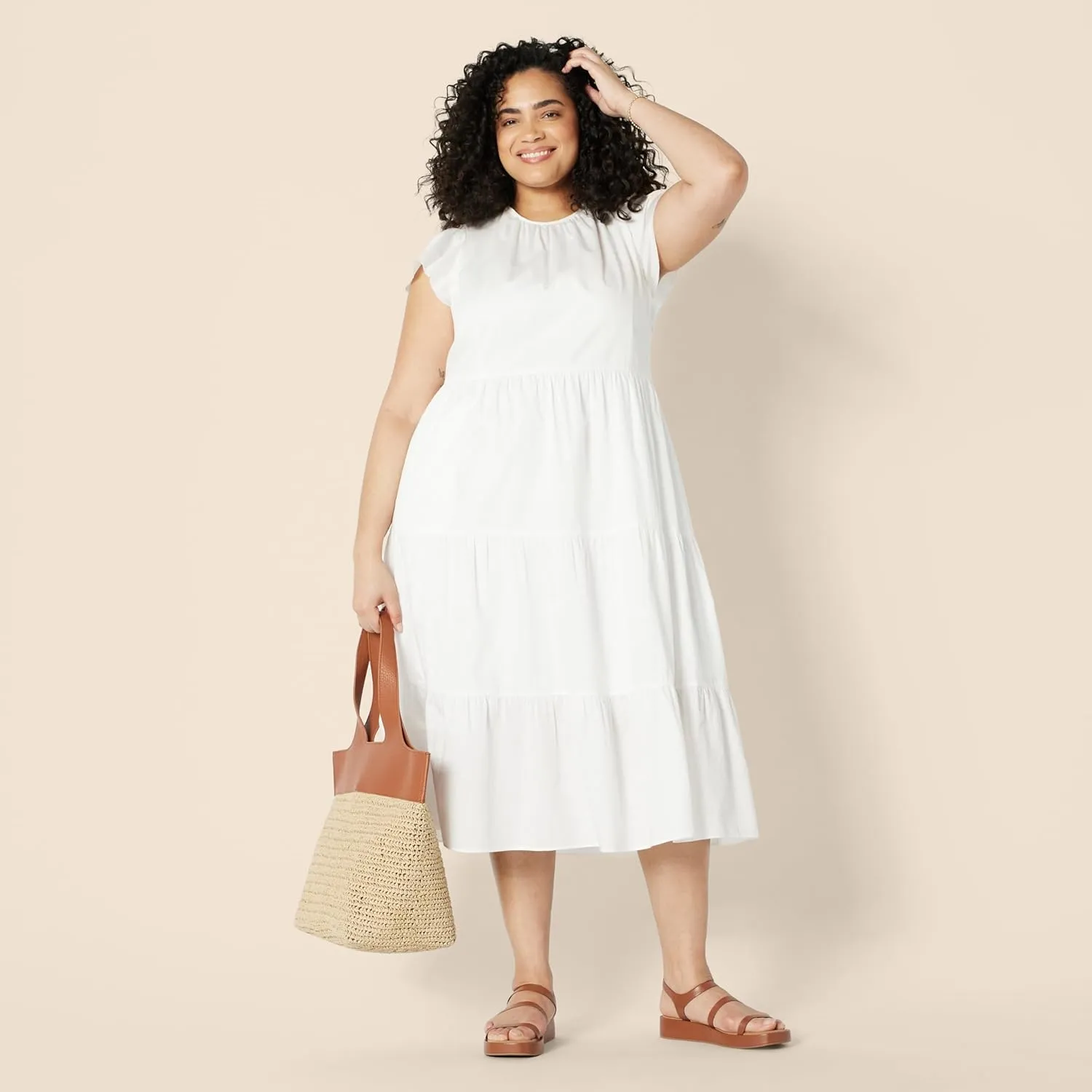 Amazon Essentials Women's Relaxed-Fit Cotton Sateen Crewneck Tiered Midi Dress