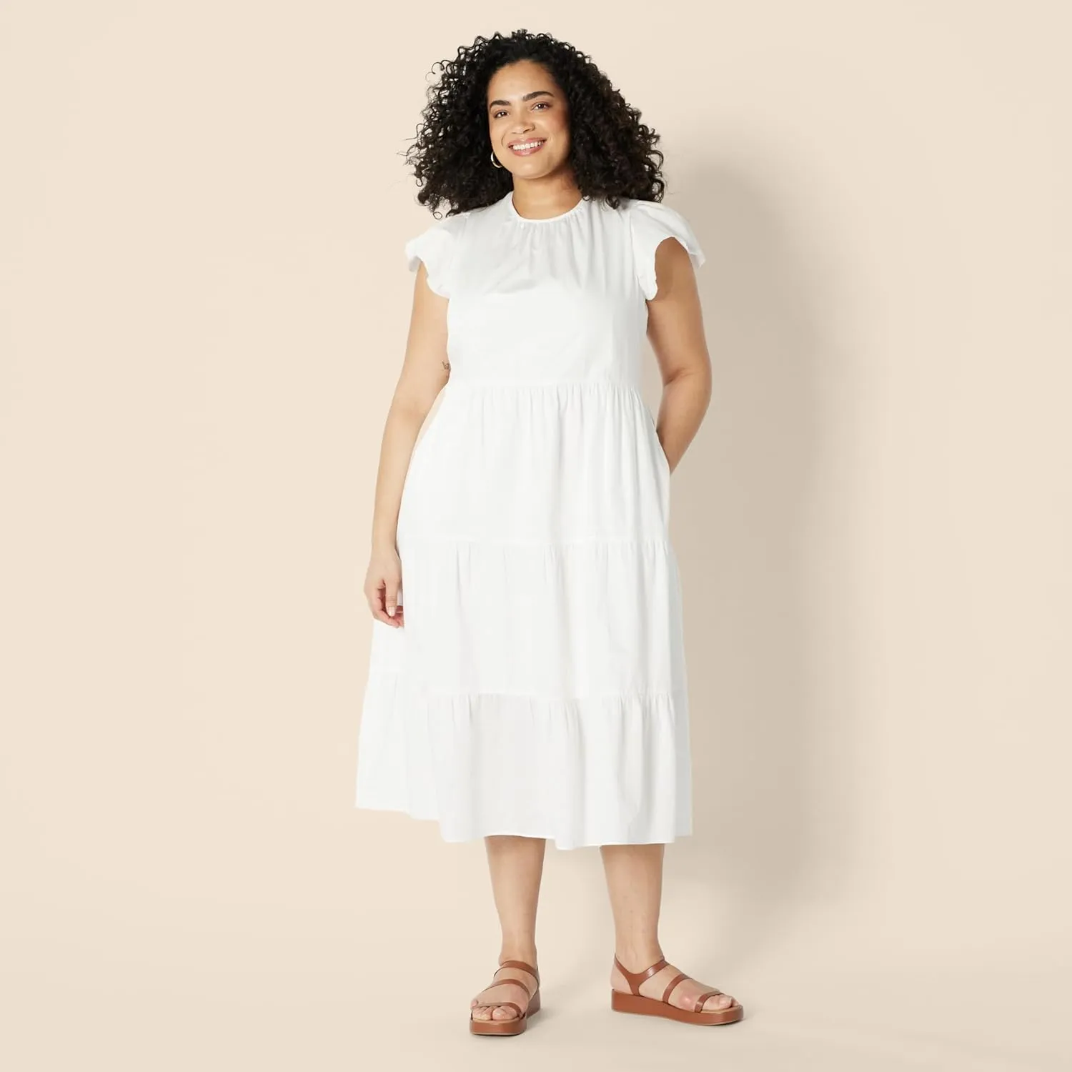 Amazon Essentials Women's Relaxed-Fit Cotton Sateen Crewneck Tiered Midi Dress
