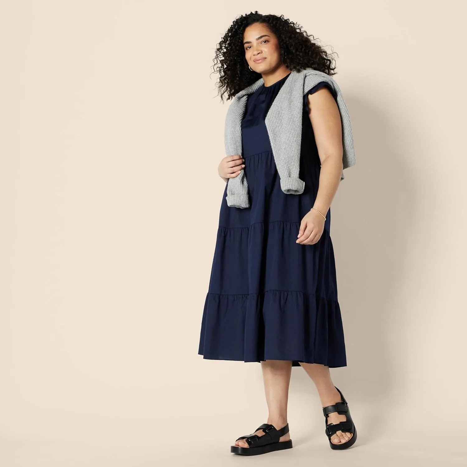 Amazon Essentials Women's Relaxed-Fit Cotton Sateen Crewneck Tiered Midi Dress