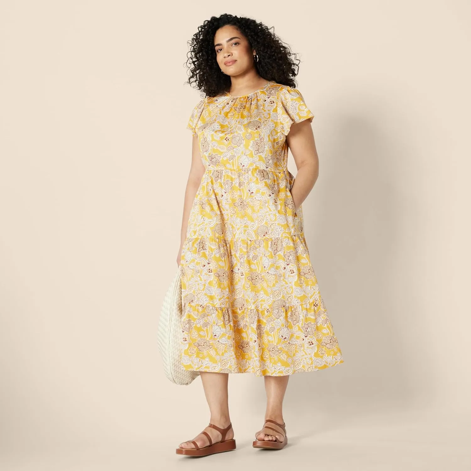 Amazon Essentials Women's Relaxed-Fit Cotton Sateen Crewneck Tiered Midi Dress