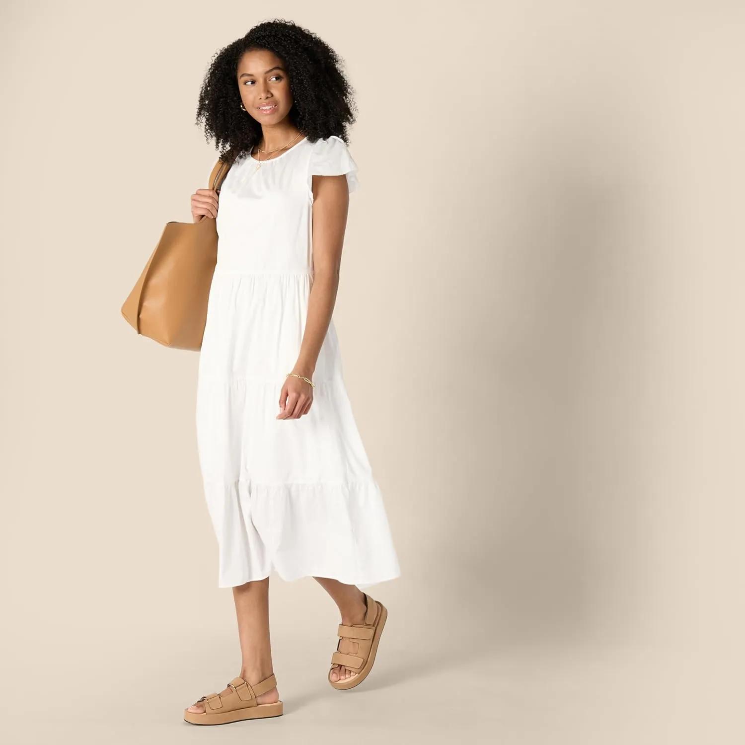Amazon Essentials Women's Relaxed-Fit Cotton Sateen Crewneck Tiered Midi Dress