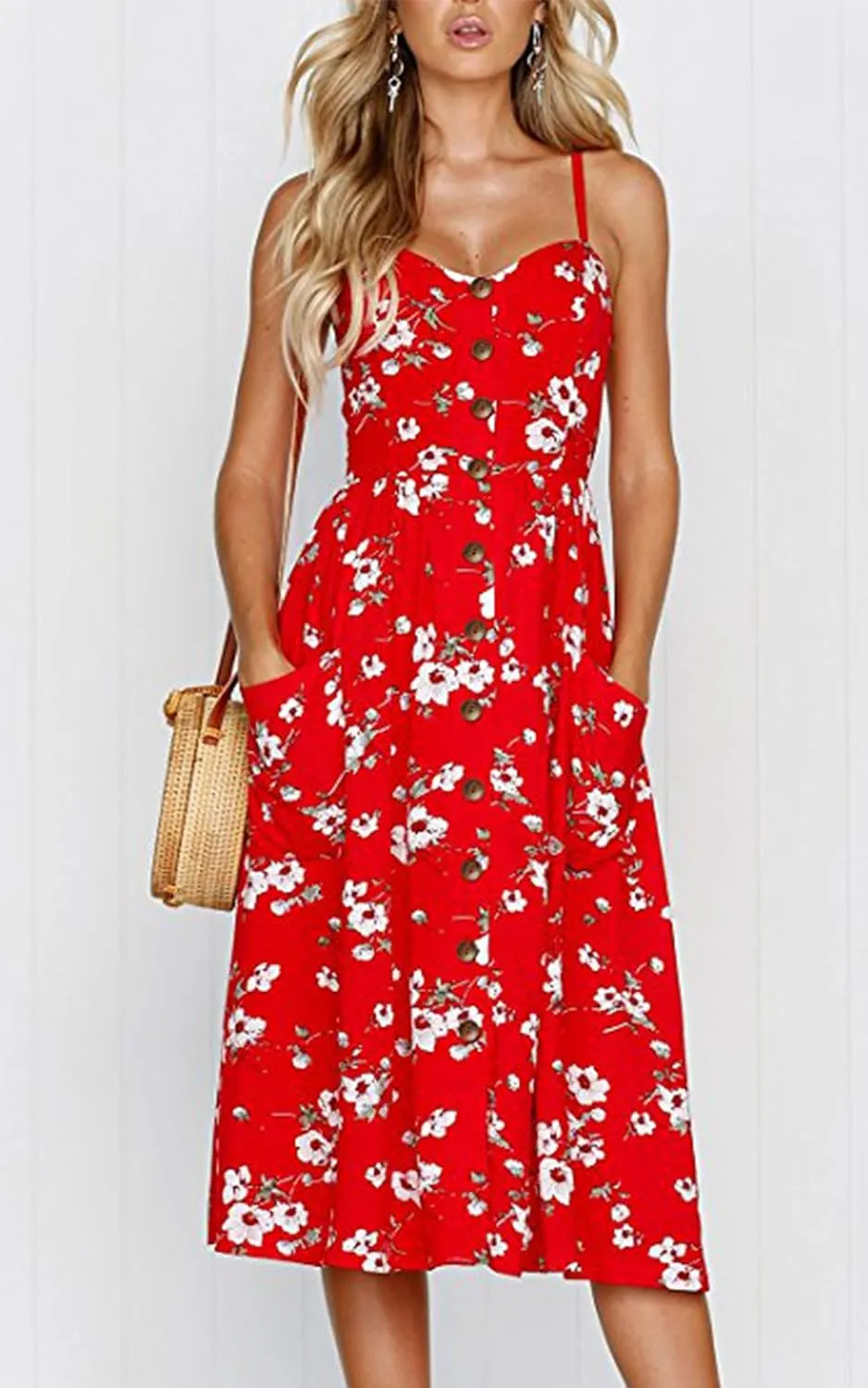 Angashion Women's Dresses-Summer Floral Bohemian Spaghetti Strap Button Down Swing Midi Dress