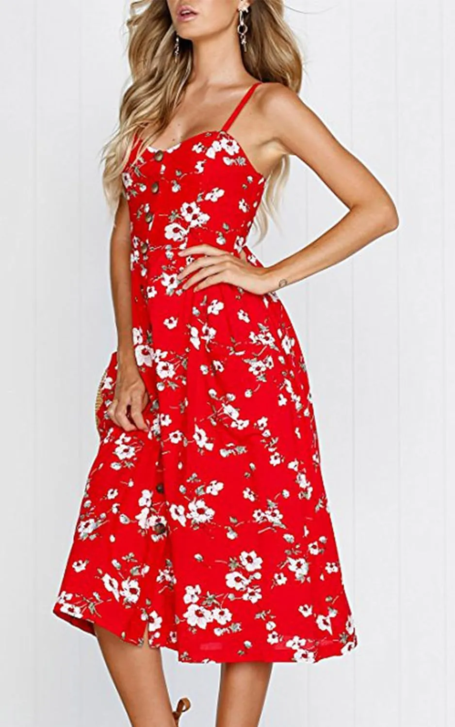Angashion Women's Dresses-Summer Floral Bohemian Spaghetti Strap Button Down Swing Midi Dress