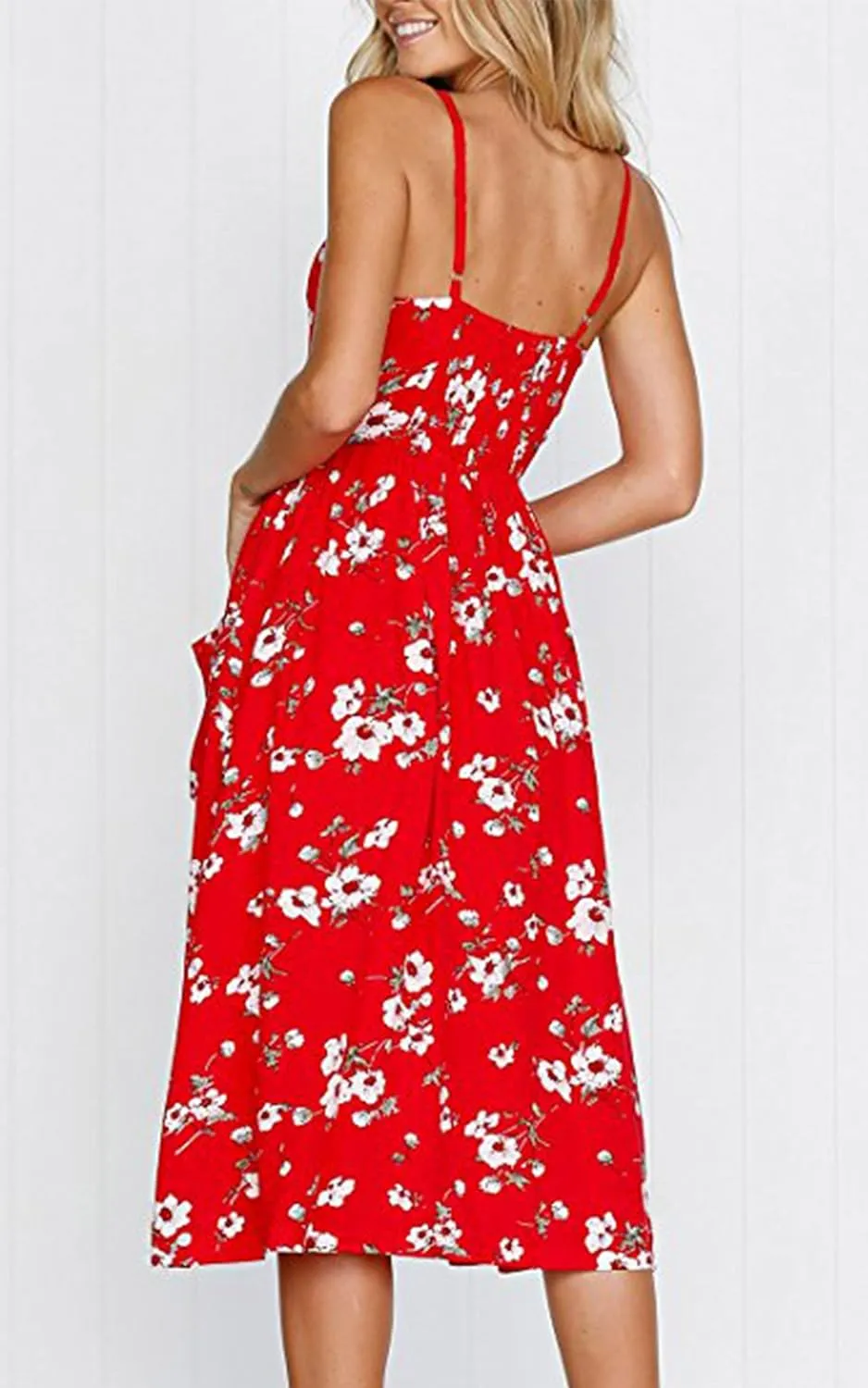 Angashion Women's Dresses-Summer Floral Bohemian Spaghetti Strap Button Down Swing Midi Dress