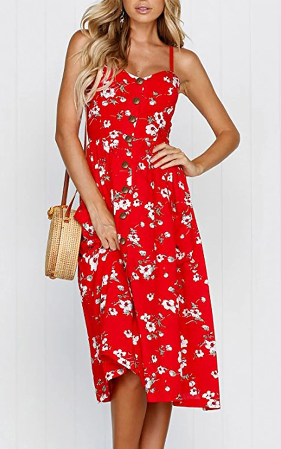 Angashion Women's Dresses-Summer Floral Bohemian Spaghetti Strap Button Down Swing Midi Dress