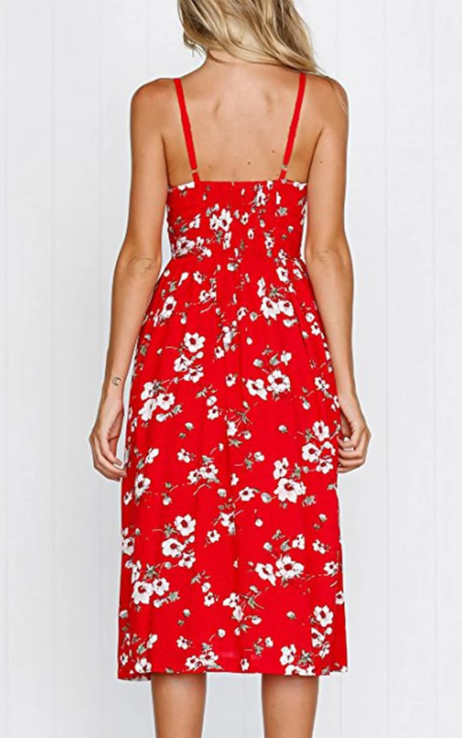 Angashion Women's Dresses-Summer Floral Bohemian Spaghetti Strap Button Down Swing Midi Dress