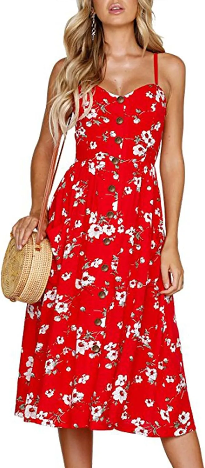 Angashion Women's Dresses-Summer Floral Bohemian Spaghetti Strap Button Down Swing Midi Dress