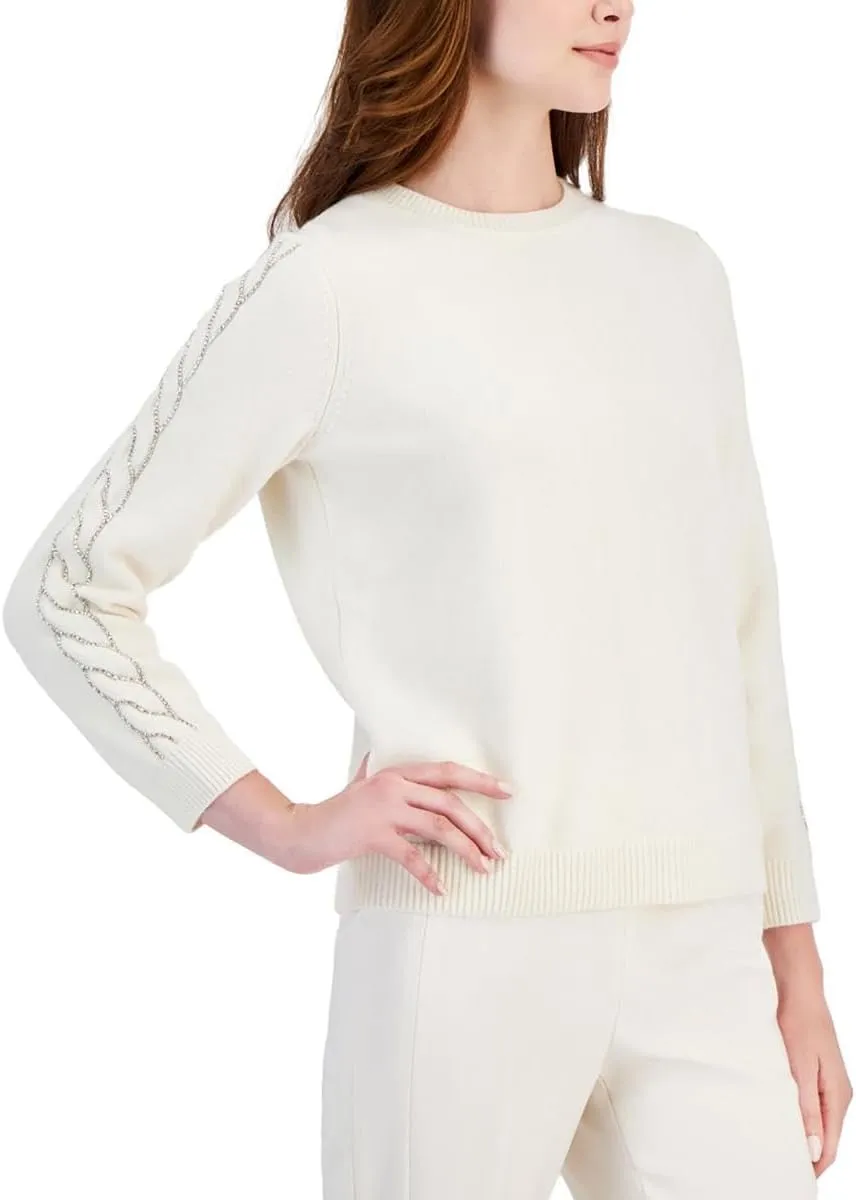 Anne Klein Women's Embellish Cable Overarm Crew Neck Pullov