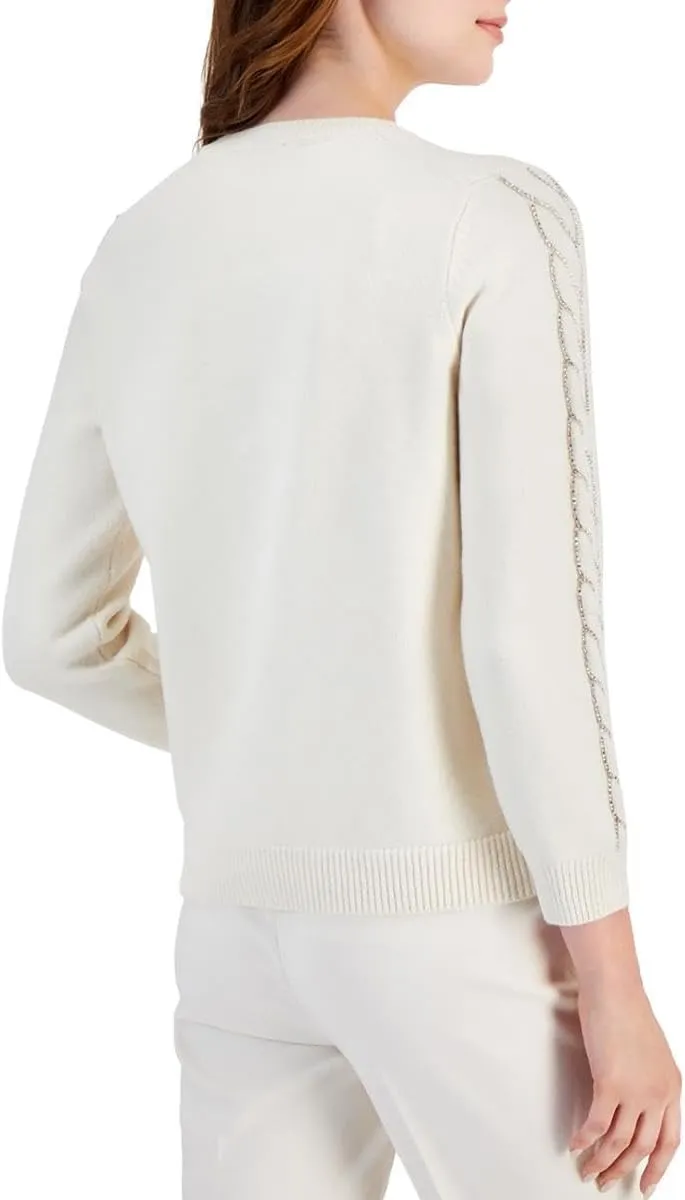 Anne Klein Women's Embellish Cable Overarm Crew Neck Pullov