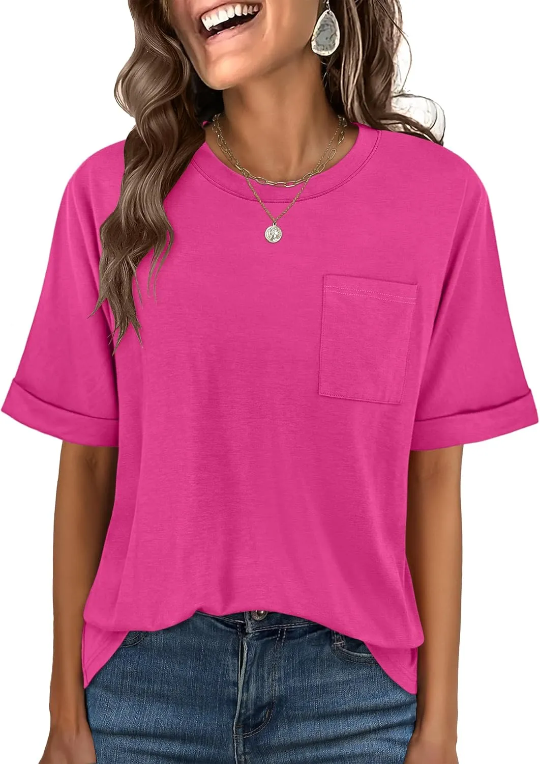 ANRABESS Women Oversized T Shirts Short Sleeve Summer Casual Loose Top Basic Tee with Pocket
