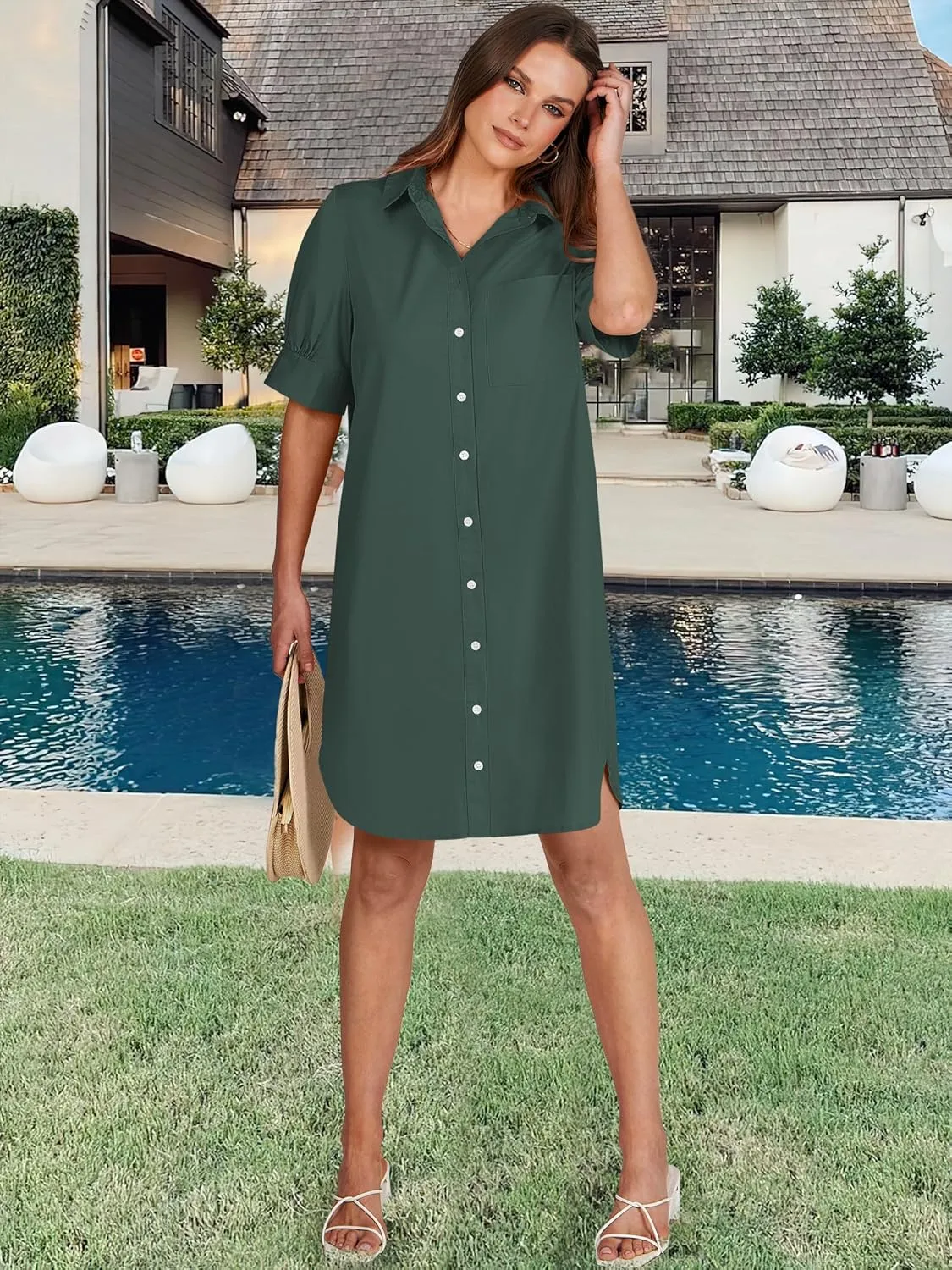ANRABESS Womens Button Down Shirt Dress Summer Short Sleeve Business Casual Shift Dresses with Pockets 2025 Trendy