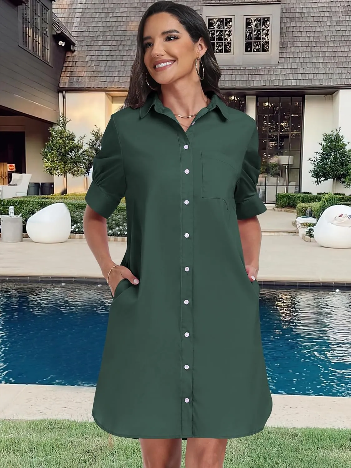 ANRABESS Womens Button Down Shirt Dress Summer Short Sleeve Business Casual Shift Dresses with Pockets 2025 Trendy