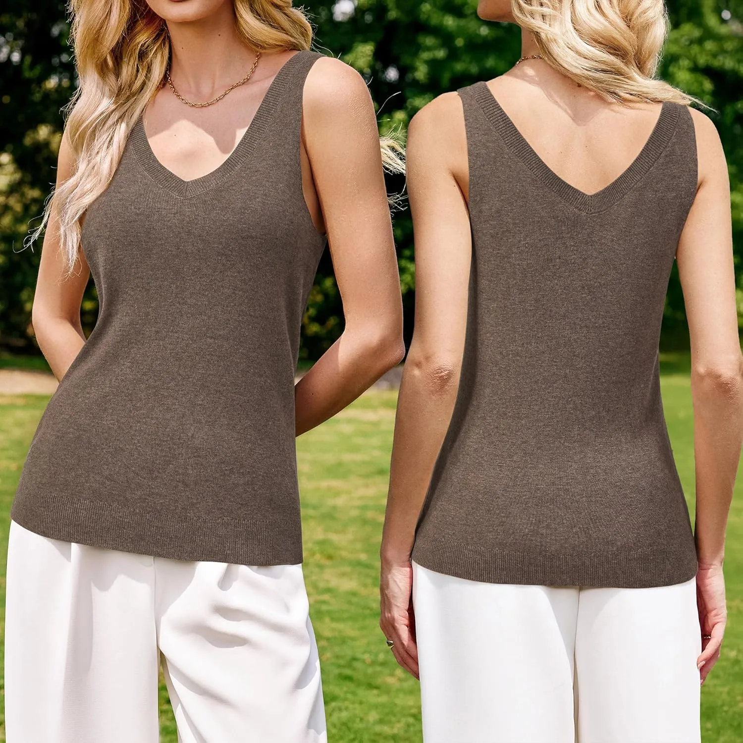 Arach&Cloz Women's Non See Through Double V-Neck Summer Casual Tanks 2025
