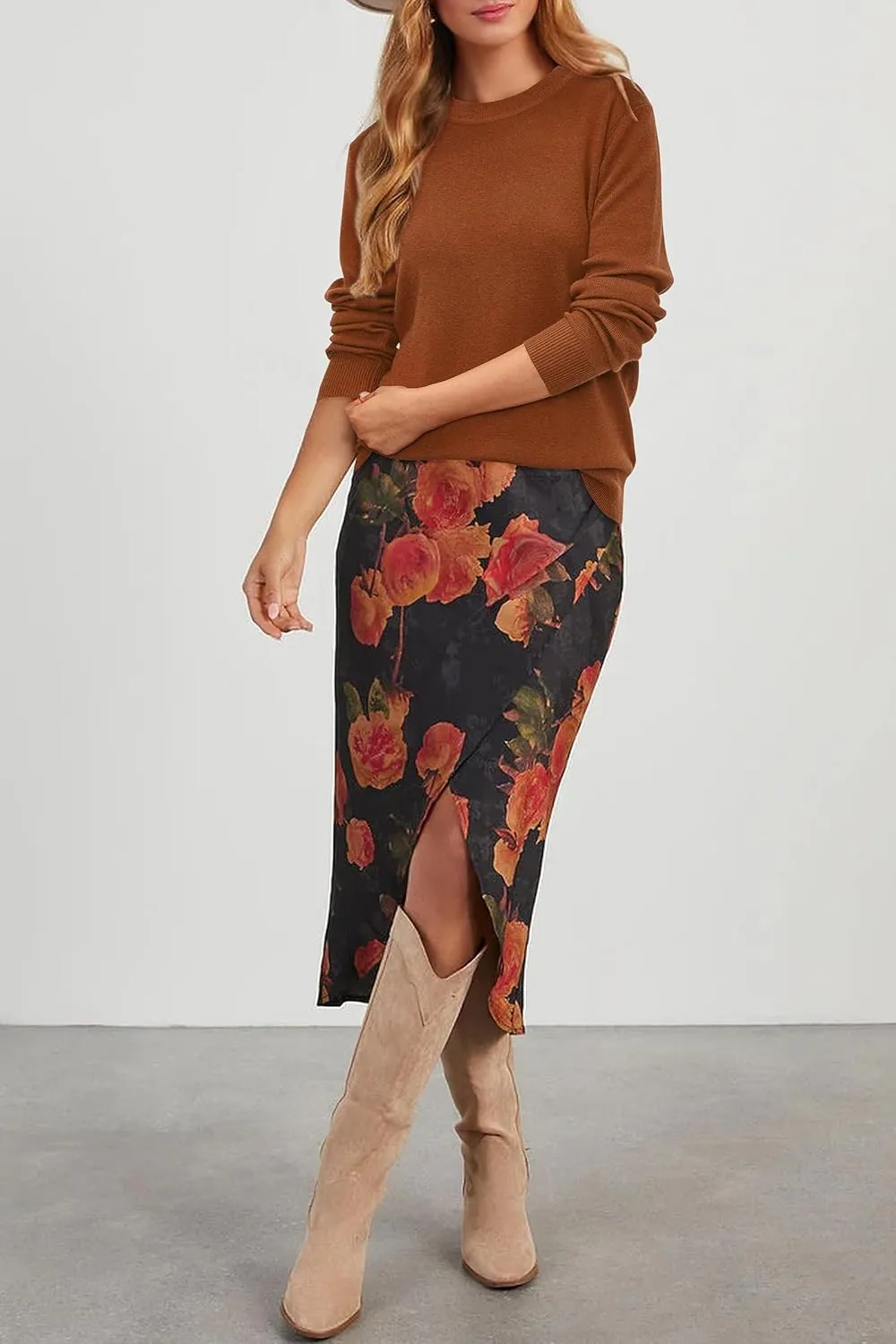 Arach&Cloz Women's Wool Blend Classic Crew Neck Casual Fall Sweaters