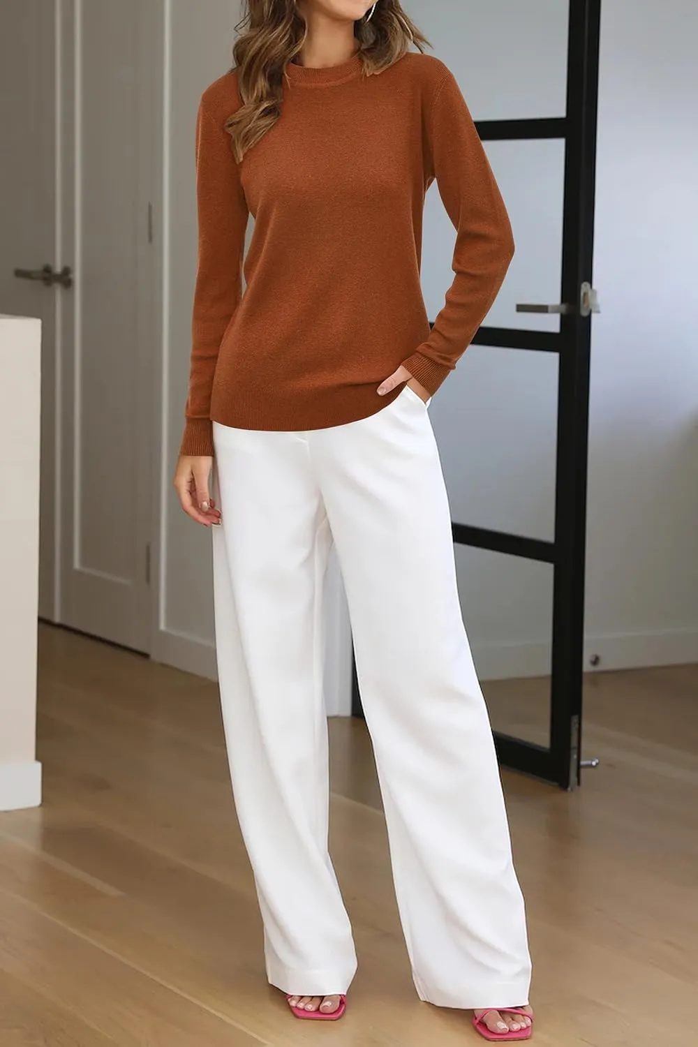 Arach&Cloz Women's Wool Blend Classic Crew Neck Casual Fall Sweaters