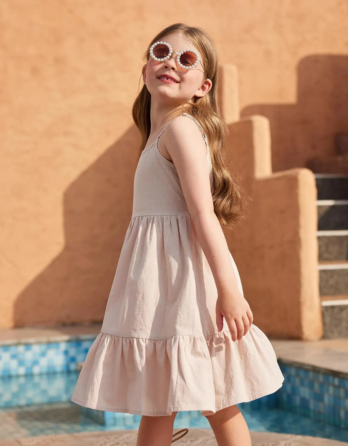 Arshiner Girl's Summer Sundress Spaghetti Strap Solid Linen Midi Dress Casual Cami Dresses